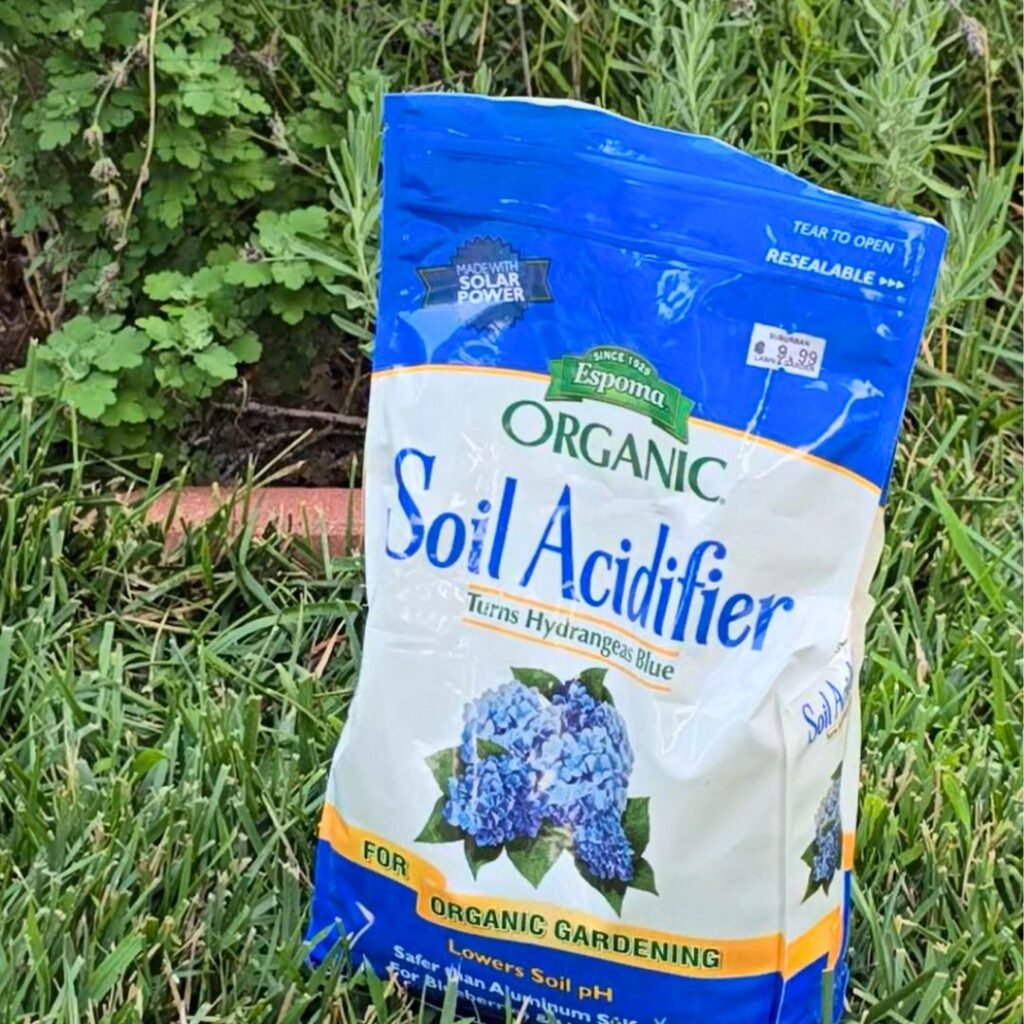 A packet of organic Soil acidifier for Hydrangeas, it can be used to acidify soil for blueberries as well